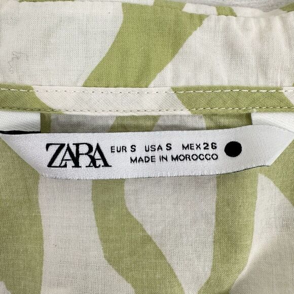 Zara Printed Babydoll Dress S Green Balloon Sleeves Tiered Mini V Neck Tie Fall - Picture 10 of 15